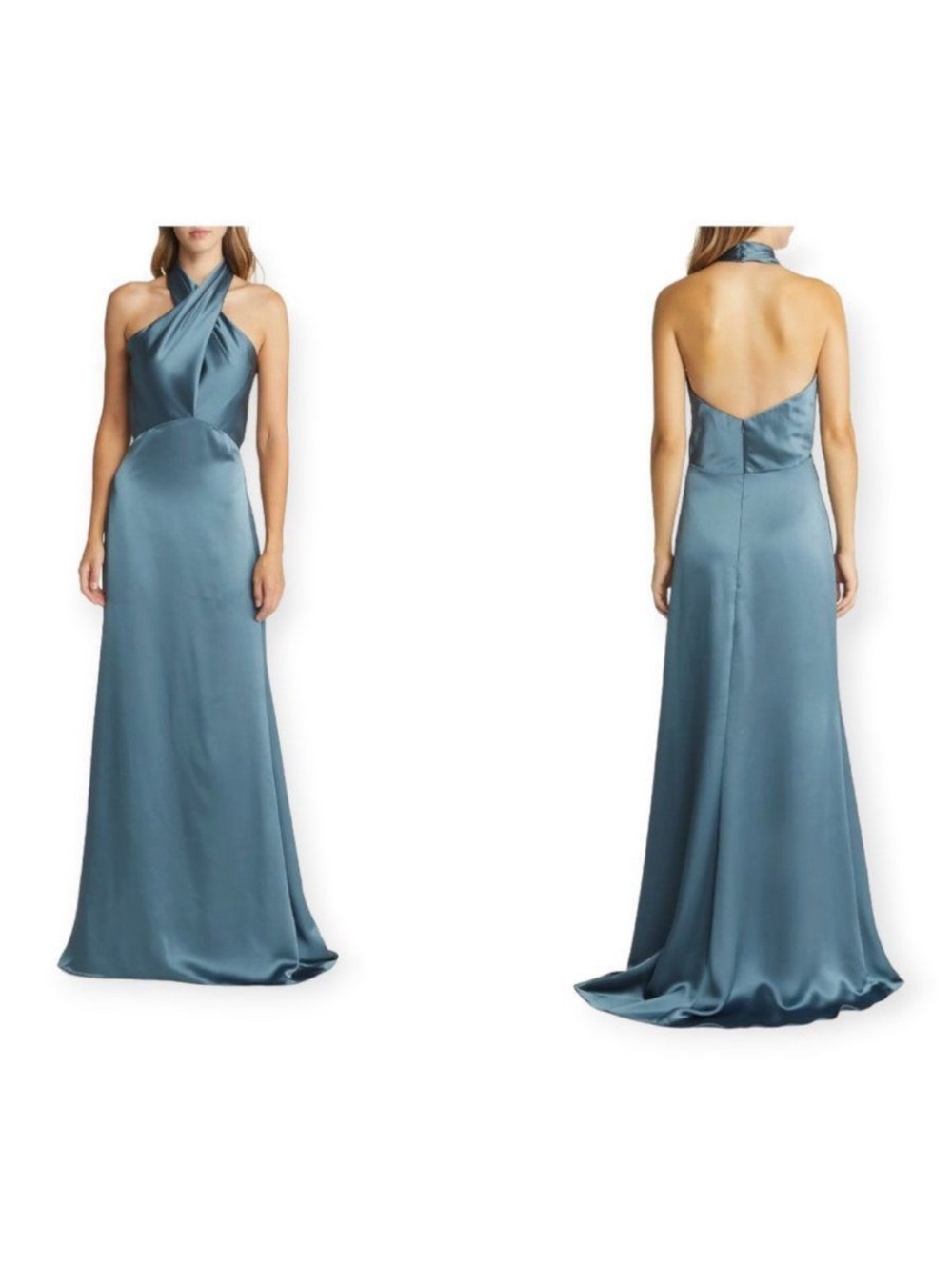 NWT Amsale Halter Neck Satin Gown Petrol Grey sz 12 *minor flaw* MOB Bridesmaid